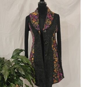 Kamana Boho Floral Embroidered Longline Cardigan Wool Blend Knit Jacket Black